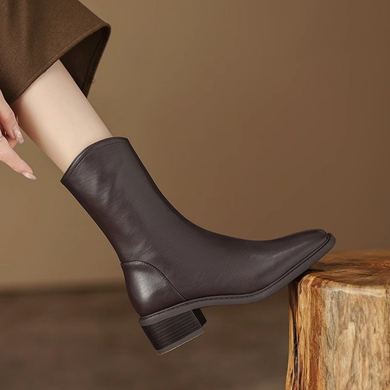 Vintage Fashion Dresses - Botines de cuero con punta cuadrada