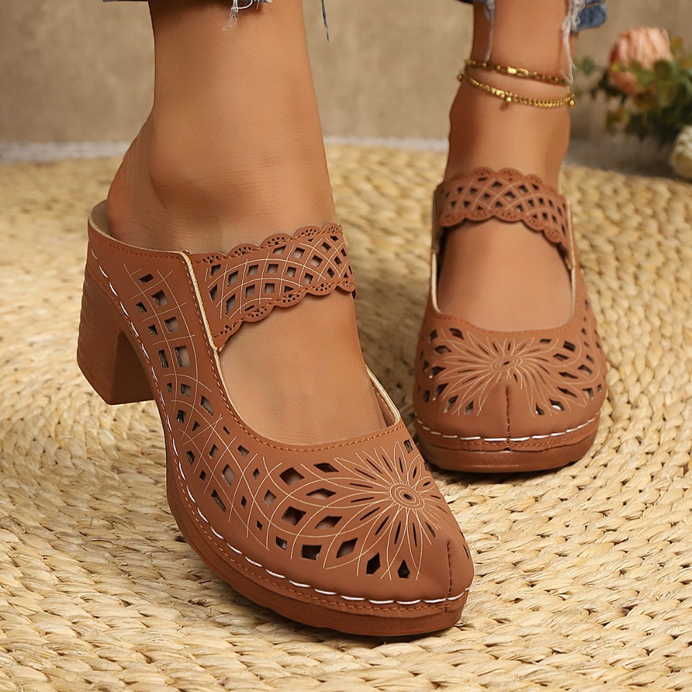 Mules de tacón grueso con dise - Vintage Fashion Dresses reseña y precio